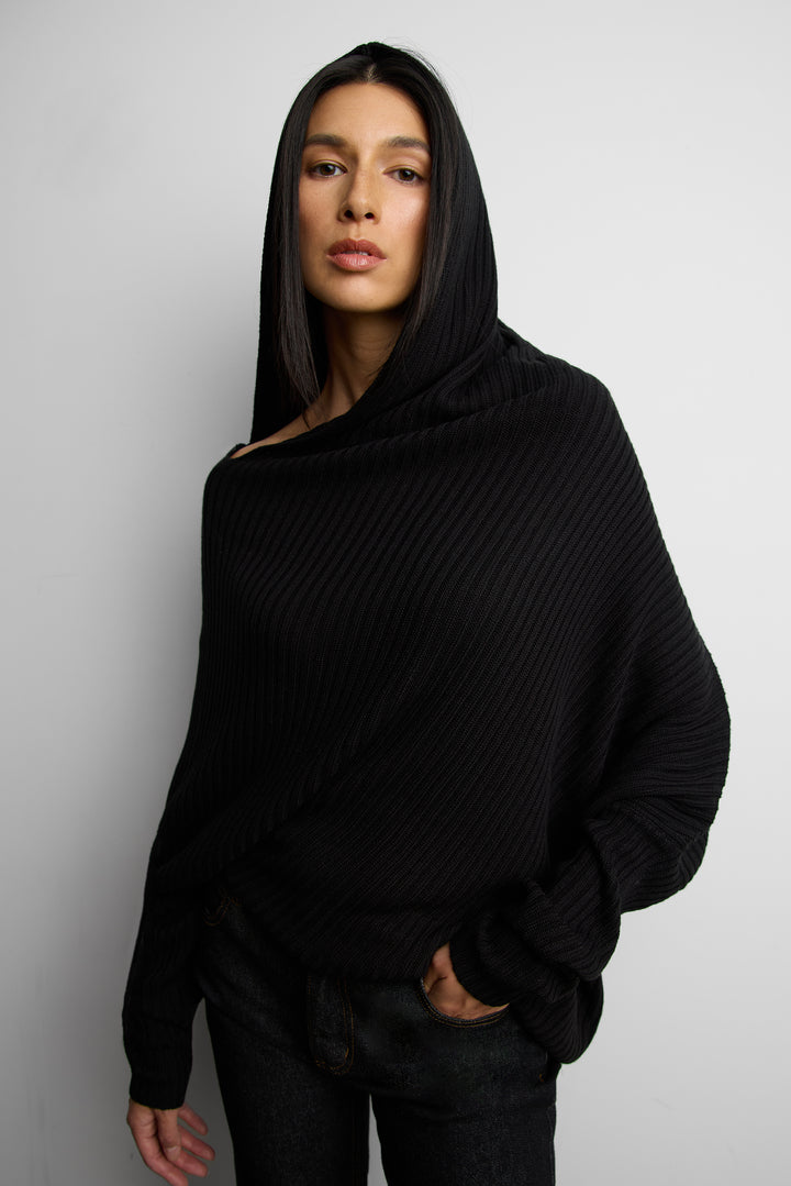 RIBBED OFF THE SHOULDER SWEATER HOODIE in Black — alternate angle