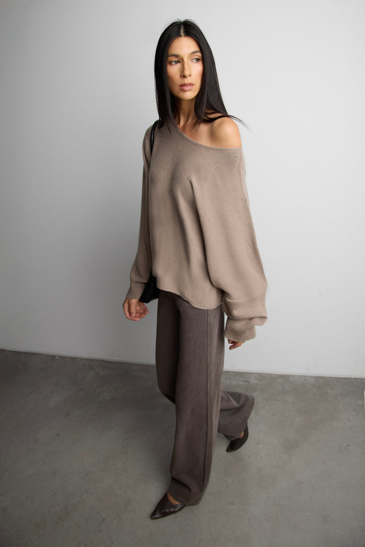 WOOL-BLEND RIBBED WIDE NECKLINE SWEATER in MOON ROCK — alternate angle
