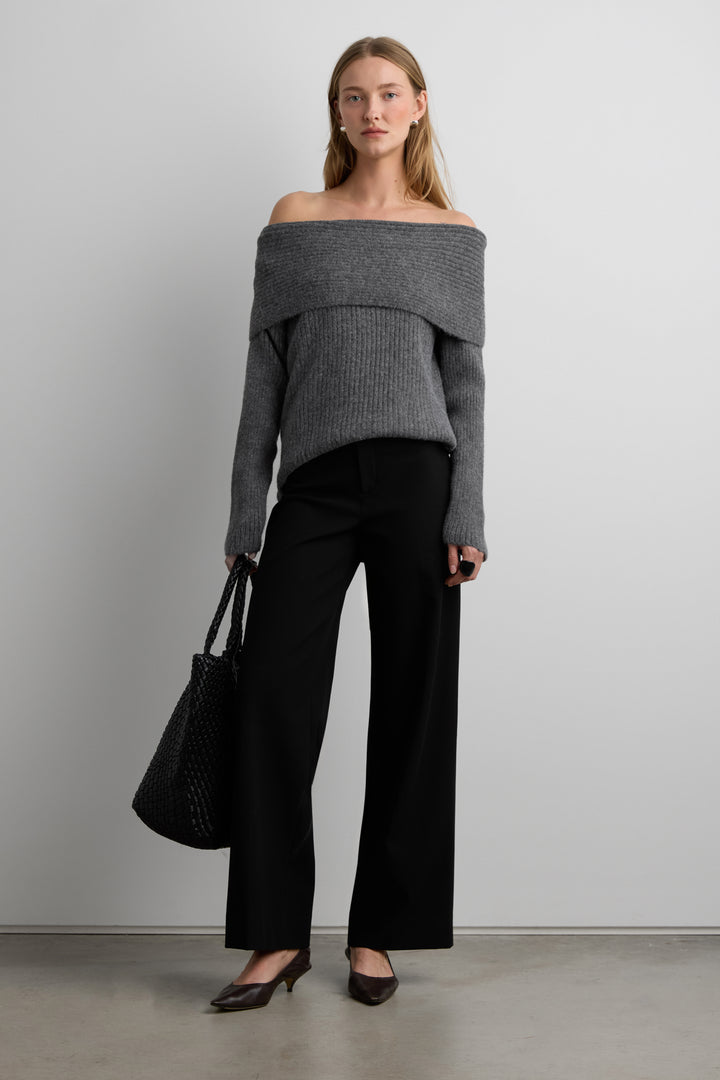 FOLD OVER OFF THE SHOULDER SWEATER in Charcoal — alternate angle