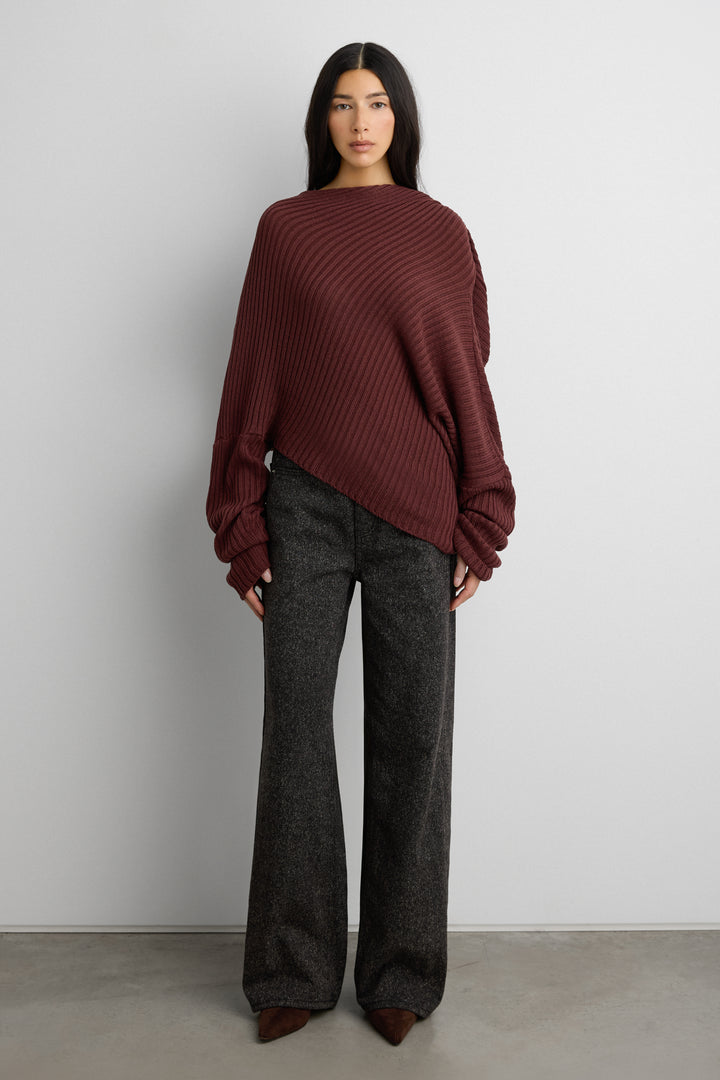 SLOUCHY OFF THE SHOULDER KNIT HOODIE in Burgundy — alternate angle