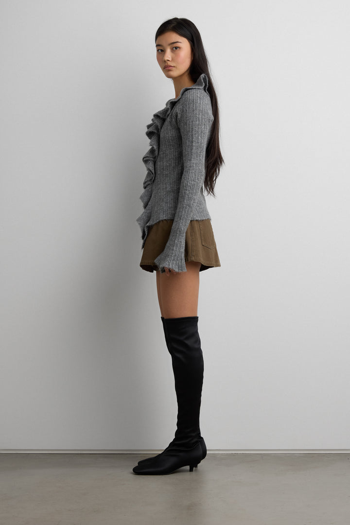 RUFFLED V-NECK SWEATER in MEDIUM GREY — alternate angle