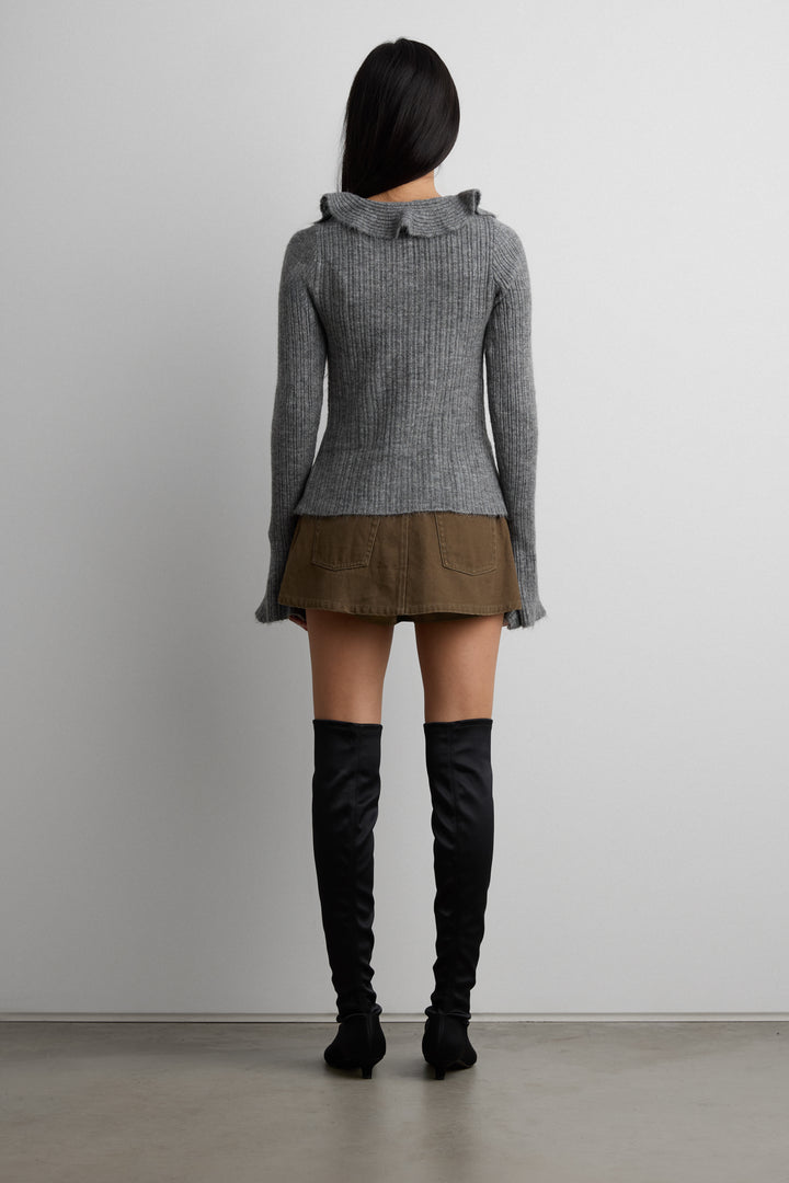 RUFFLED V-NECK SWEATER in MEDIUM GREY — alternate angle