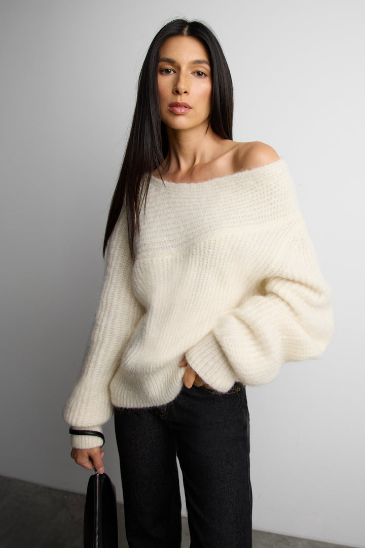 FUZZY MOHAIR BLEND SWEATER in Cream — alternate angle