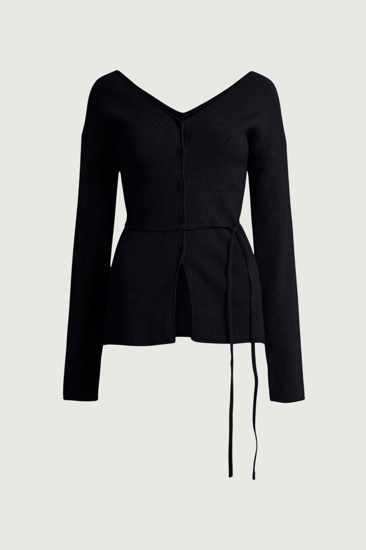 V-NECK BUTTON FRONT SWEATER WITH WAIST TIE in Black — alternate angle