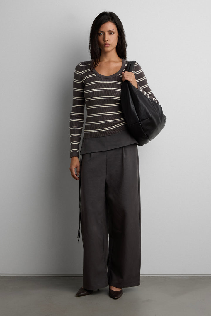 STRIPED RIBBED NECK KNIT SWEATER in Charcoal — alternate angle