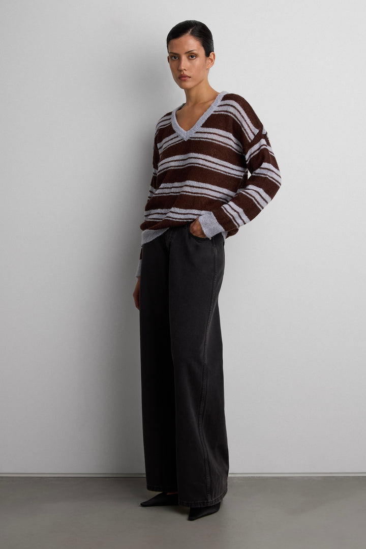WOOL BLEND STRIPED V-NECK SWEATER in Dusty Blue — alternate angle