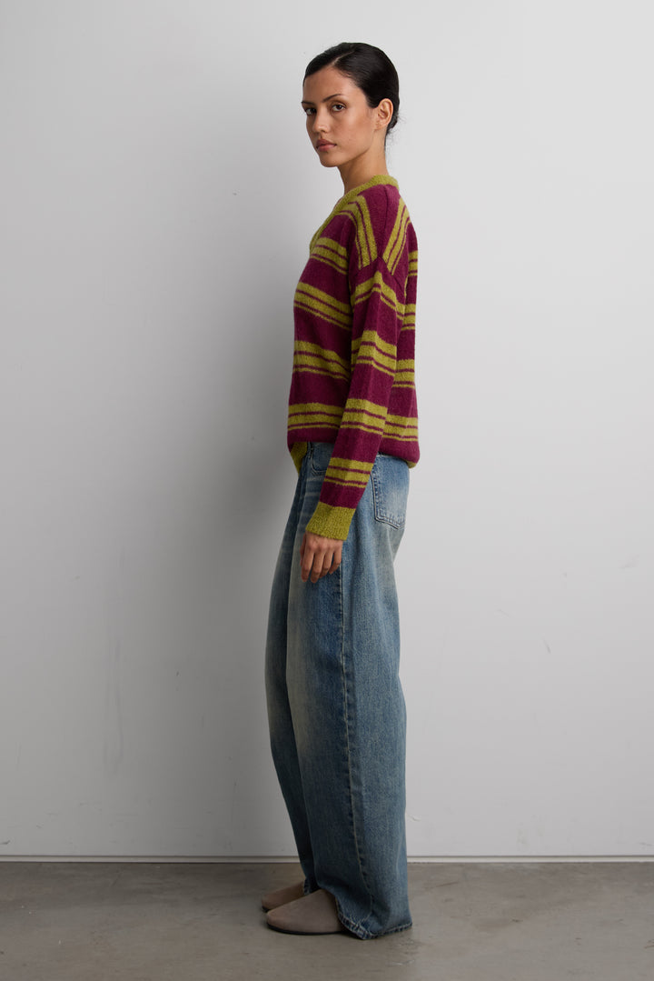 WOOL BLEND STRIPED V-NECK SWEATER in Olive — alternate angle