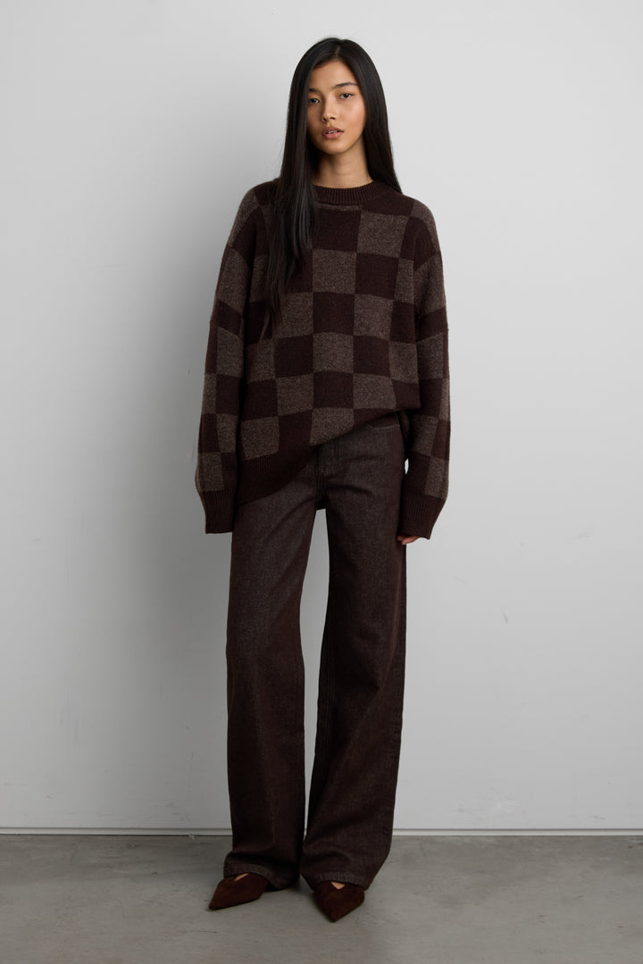 CHECKERED CREWNECK SWEATER in CHOCOLATE MARTINI CHECK — alternate angle