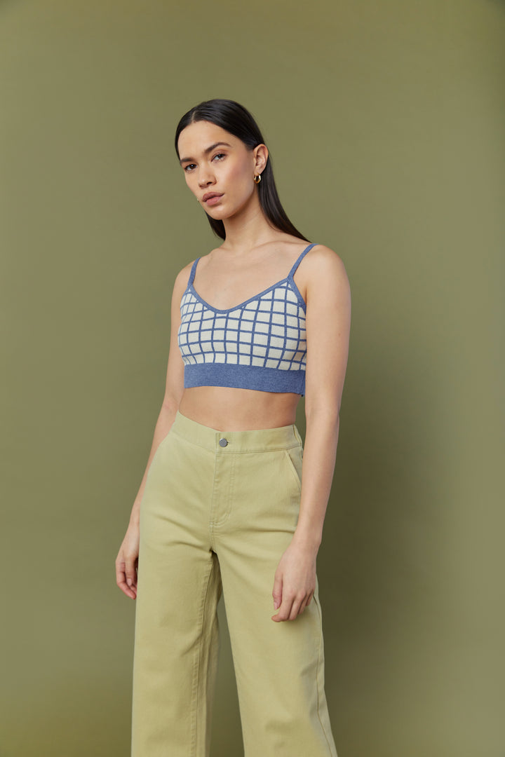 KNIT BRALETTE WITH GRID PATTERN in Classic Blue Cream Grid — alternate angle