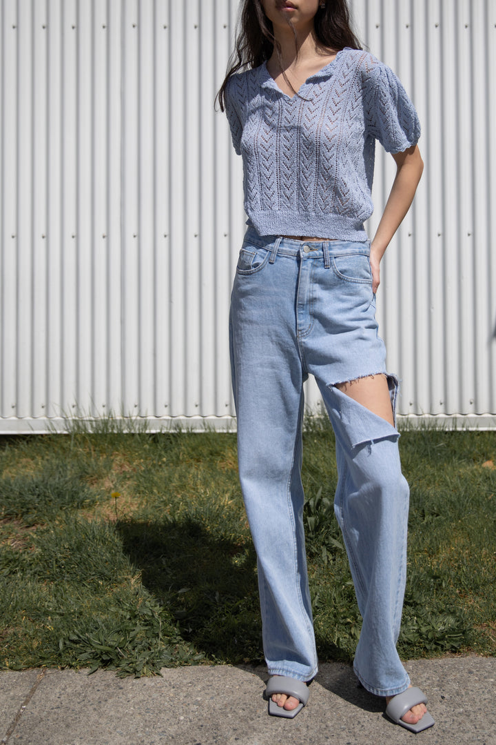 POINTELLE KNIT CROPPED TOP in Blue — alternate angle