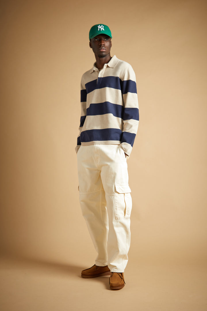 STRIPED COLLARED SWEATER in Cream Maritime Blue — alternate angle