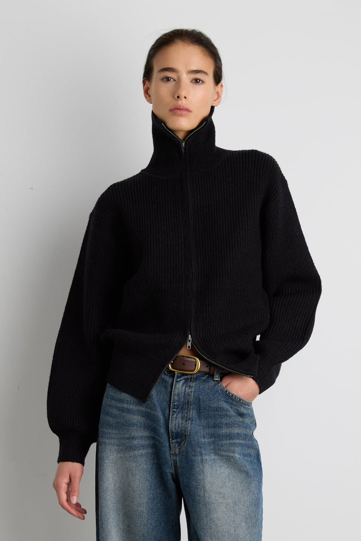 HIGH NECKLINE ZIP UP SWEATER in Black — alternate angle