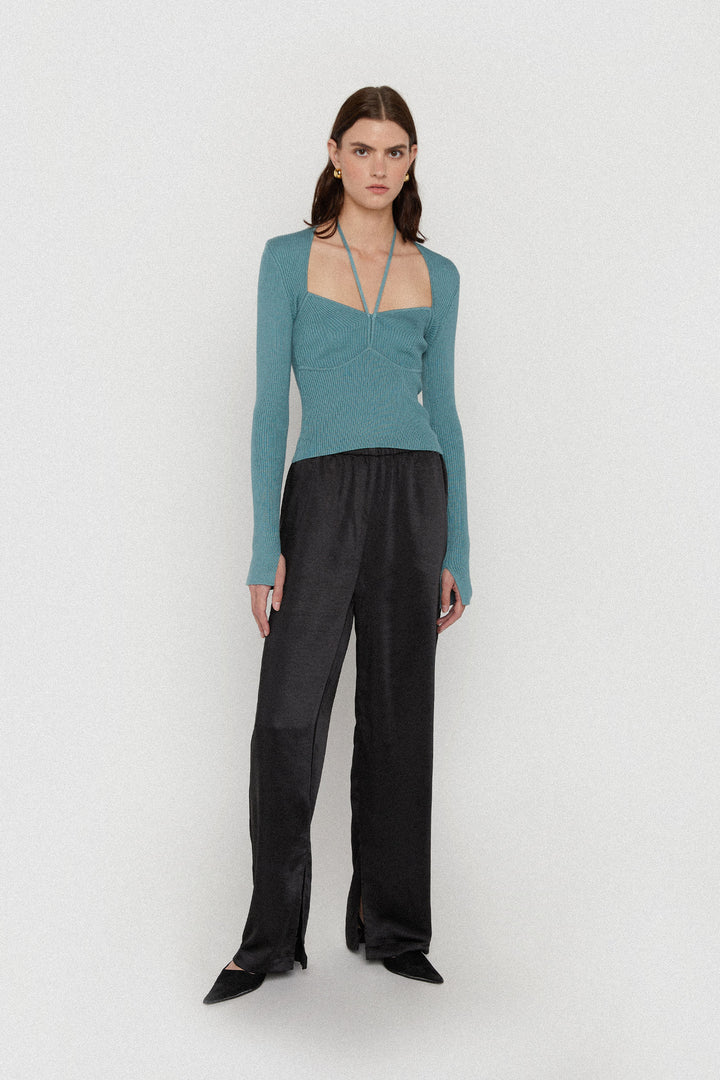 SWEETHEART KNIT TOP WITH HALTER TIES in Arctic Blue — alternate angle