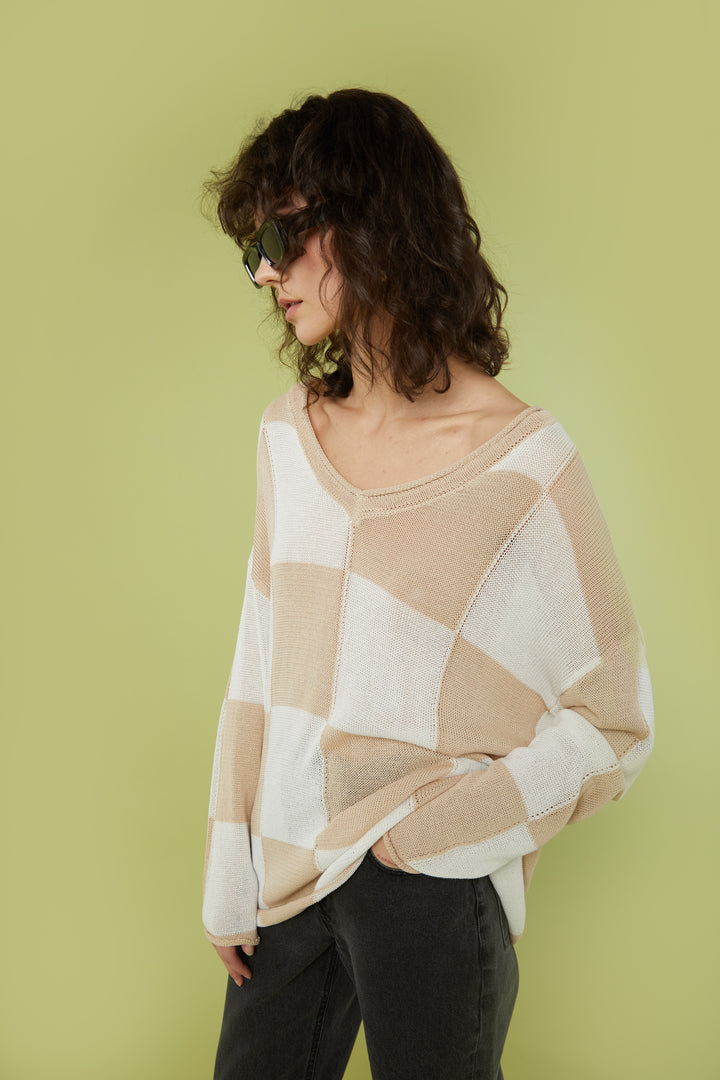 OVERSIZED CHECKERED SWEATER in Beige Checker — alternate angle