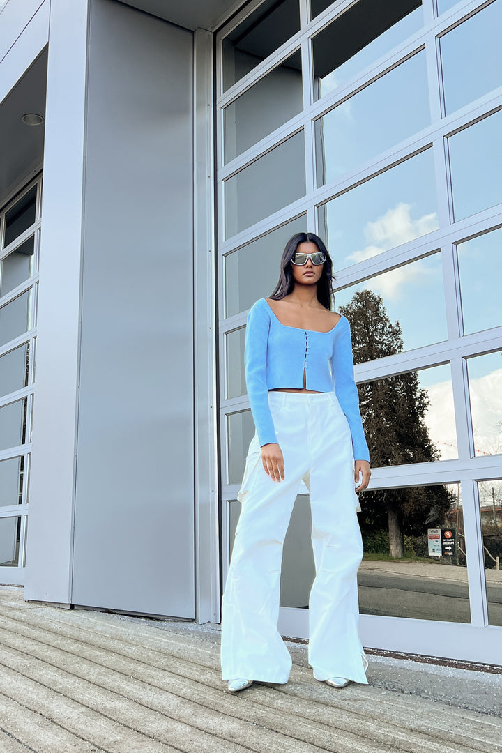 SQUARE NECK BUTTON FRONT SWEATER in Powder Blue — alternate angle