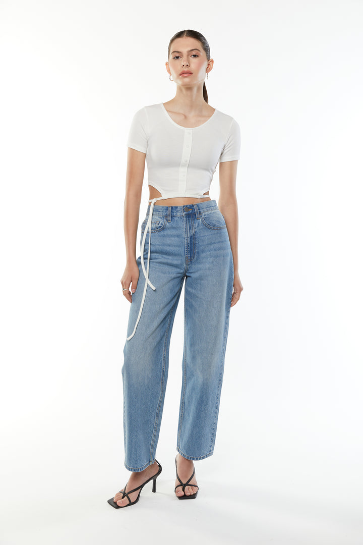 BUTTON UP TEE WITH HEM TIES in White — alternate angle