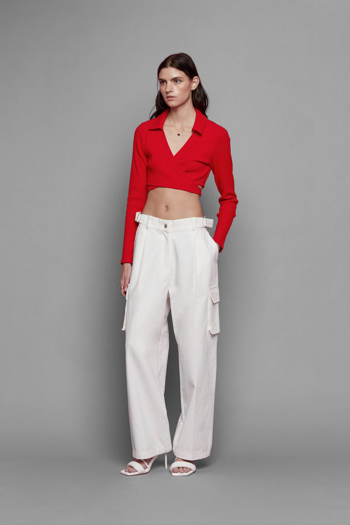COLLARED WRAP TOP in Red Alert — alternate angle