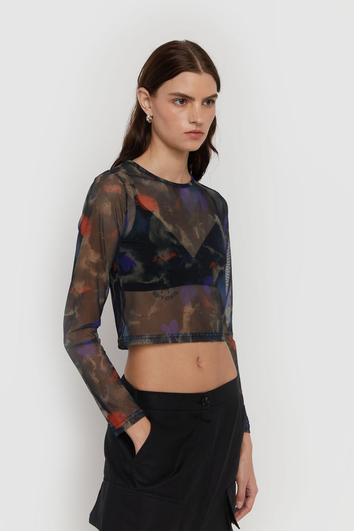 SHEER PRINTED LONG SLEEVE TOP in Black — alternate angle