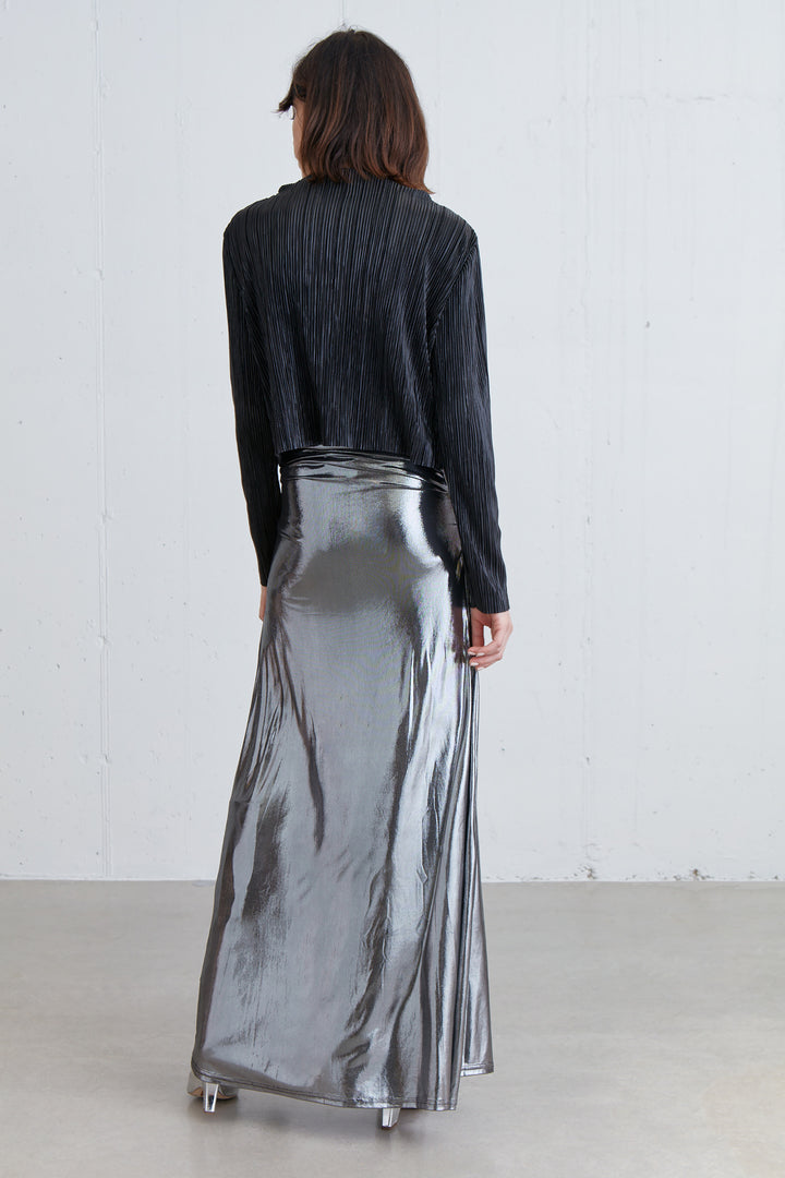 METALLIC PLEATED MOCKNECK TOP in Black Shimmer — alternate angle