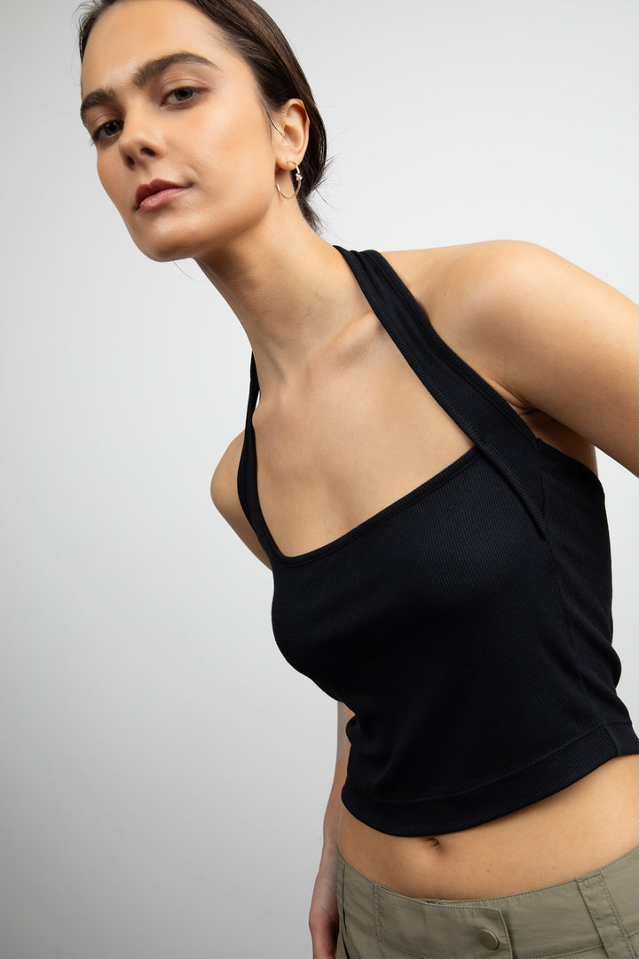 RIBBED HALTER TANK in Black — alternate angle