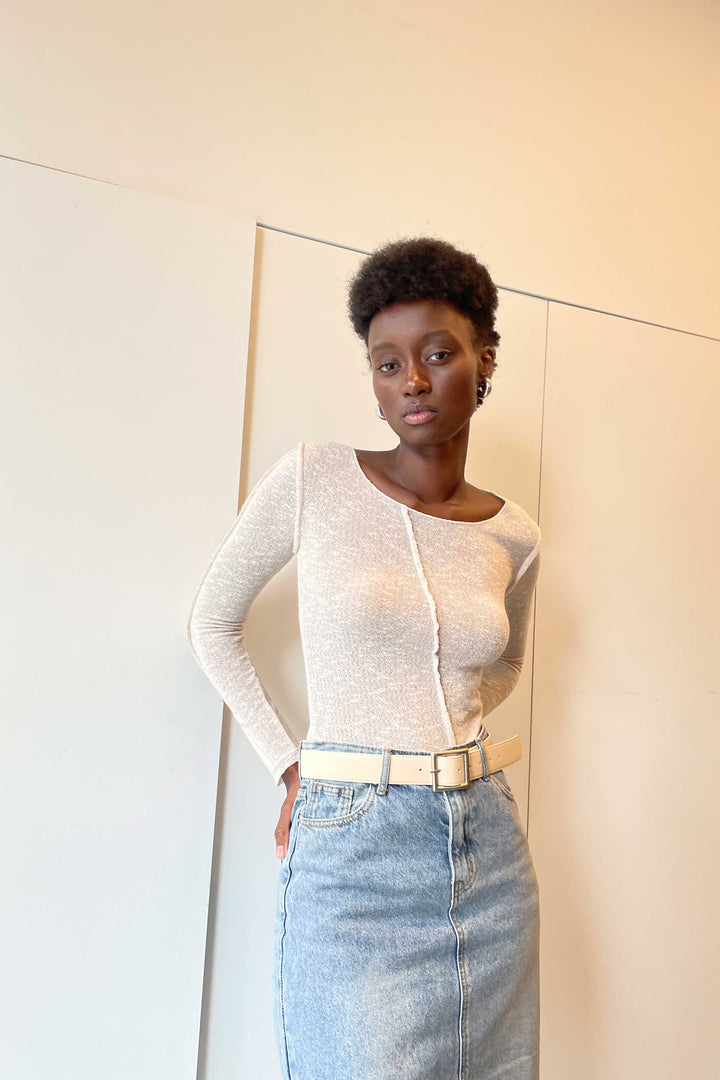TEXTURED LONG SLEEVE TOP in Oatmeal — alternate angle