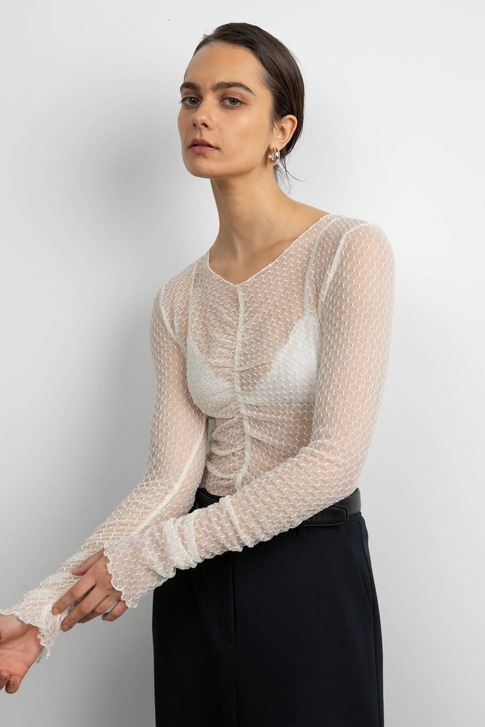 Sheer Mesh Ruched Long Sleeve Top | Oak + Fort Cream / Small Sheer Mesh Ruched Long Sleeve Top | Oak + Fort Cream / Small