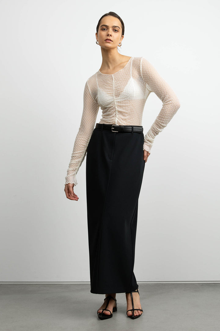 SHEER MESH RUCHED LONG SLEEVE TOP in Cream — alternate angle