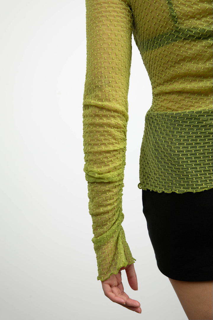 SHEER MESH RUCHED LONG SLEEVE TOP in PICKLED PEPPER — alternate angle