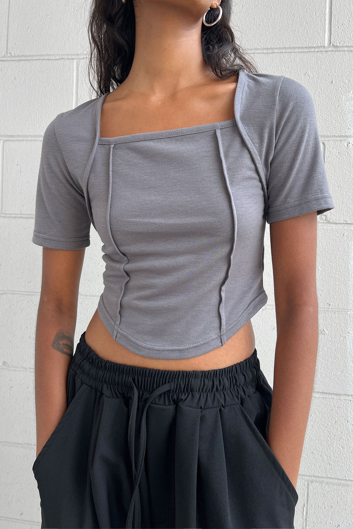 EXPOSED SEAM CROP TOP in GREY — alternate angle