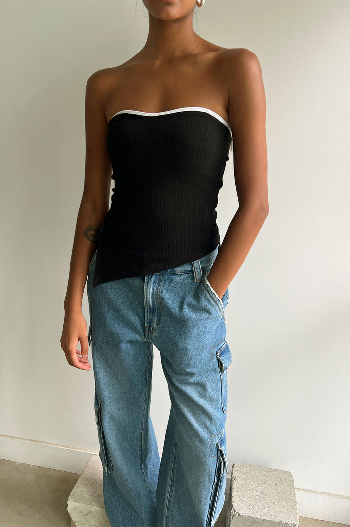 CONTRAST TRIM ASYMMETRICAL TUBE TOP in Black — alternate angle