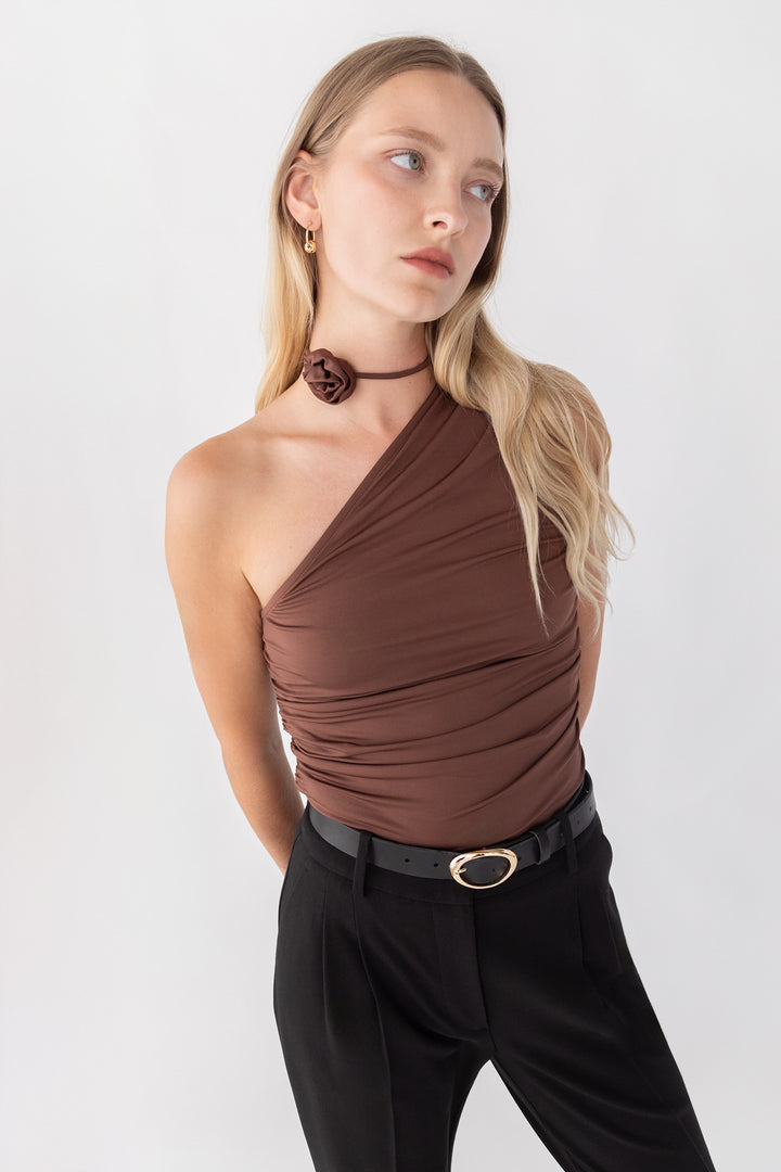 ONE SHOULDER RUCHED TOP WITH ROSETTE DETAIL