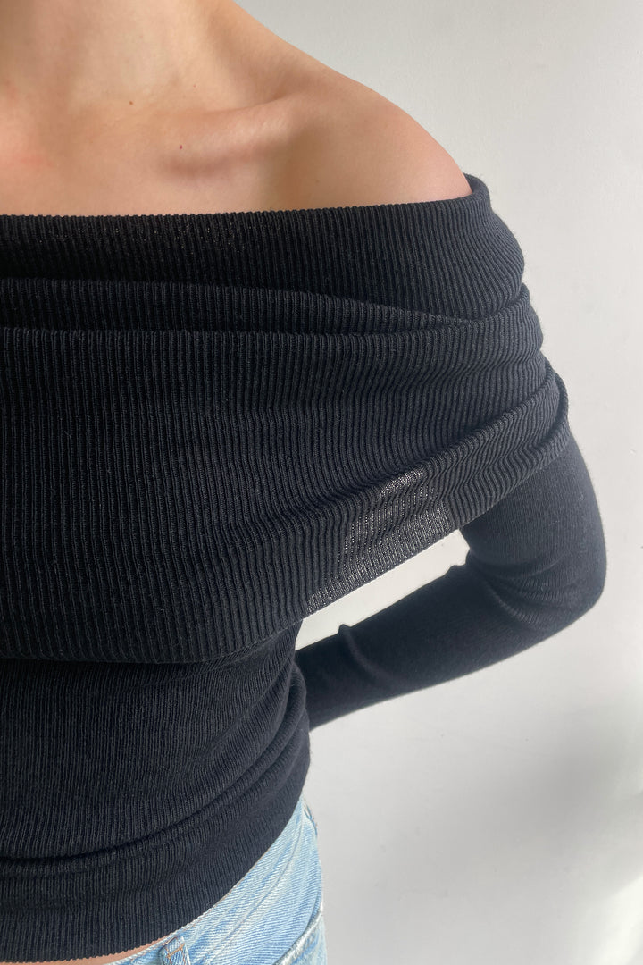 LONG SLEEVE OFF THE SHOULDER TOP in Black — alternate angle