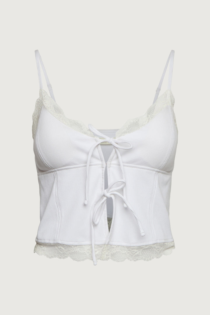 TIE FRONT LACE TRIM TANK CAMISOLE in White — alternate angle
