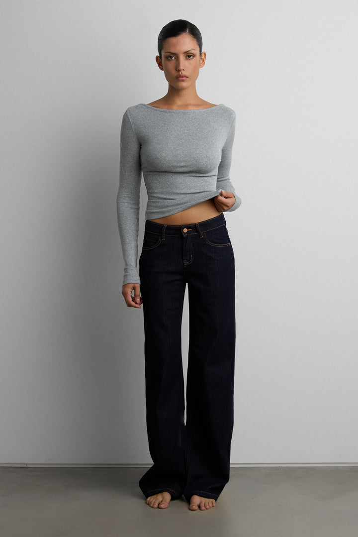 BOAT NECK LONG SLEEVE TOP in Medium Heather Grey — alternate angle