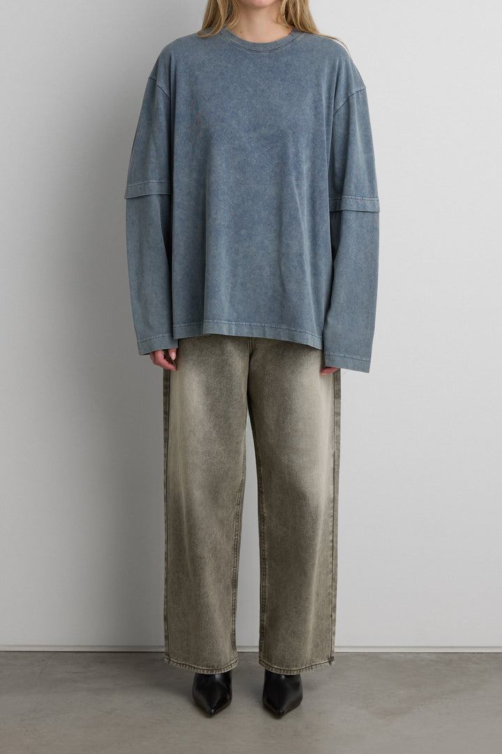 DOUBLE SLEEVE ACID WASH TEE in GD Pageant Blue — alternate angle