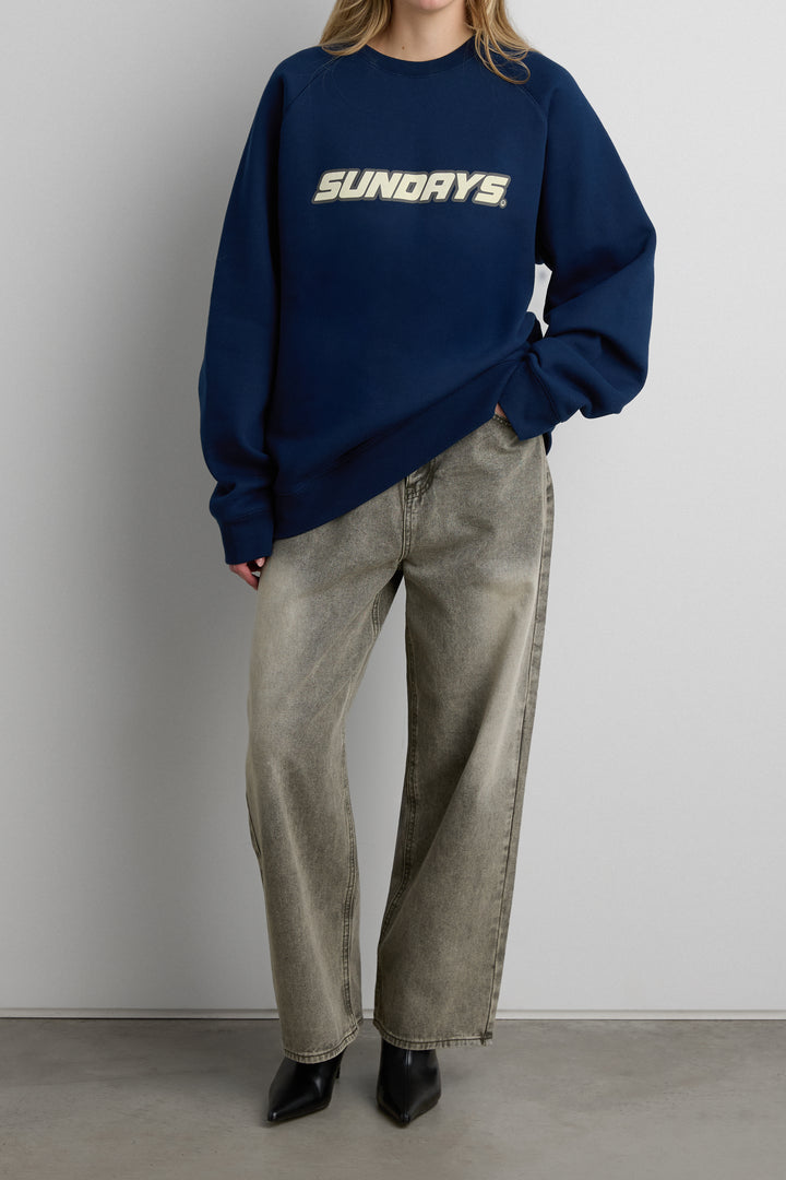 SUNDAY OVERSIZED RAGLAN CREWNECK FLEECE SWEATSHIRT in Navy Blue — alternate angle