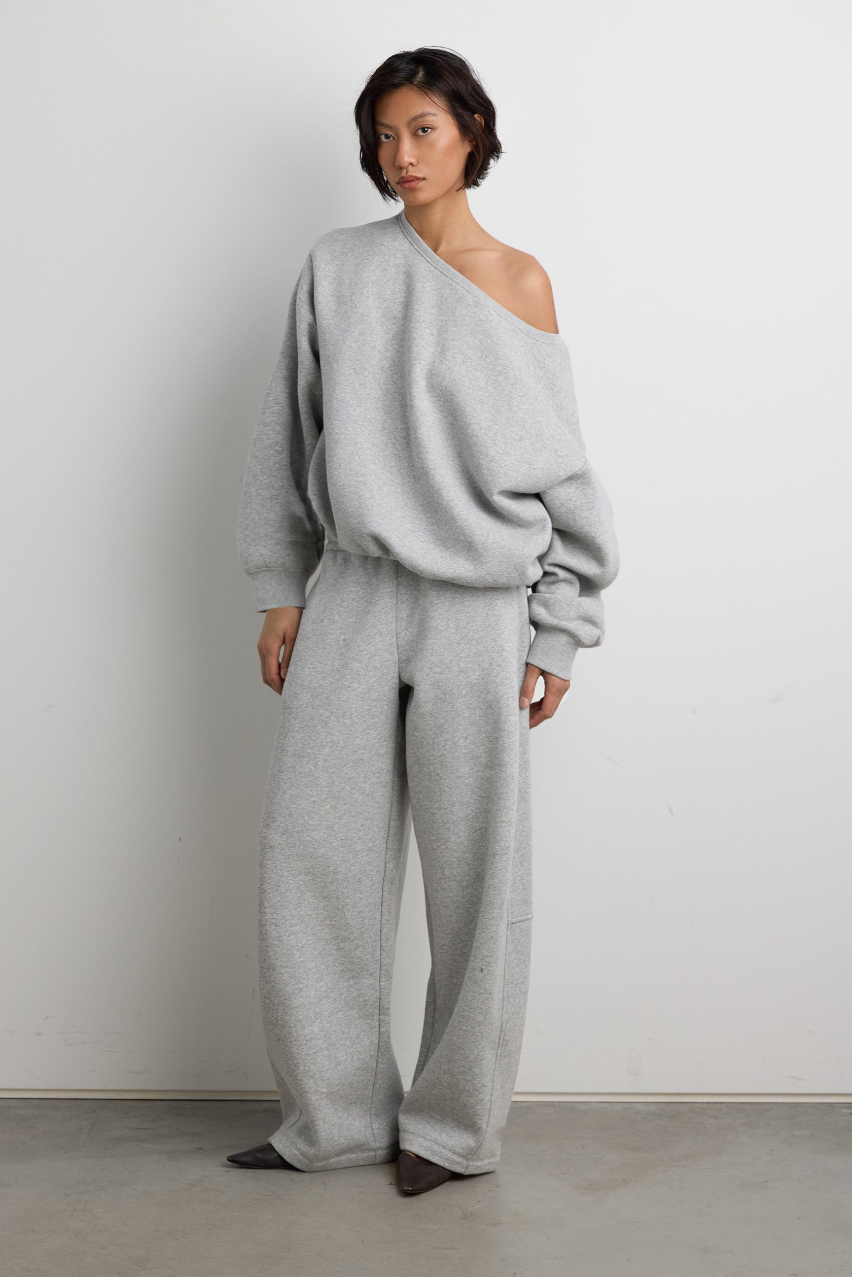 Fleece Studio Off Shoulder Bubble Hem Sweatshirt | OAK + FORT