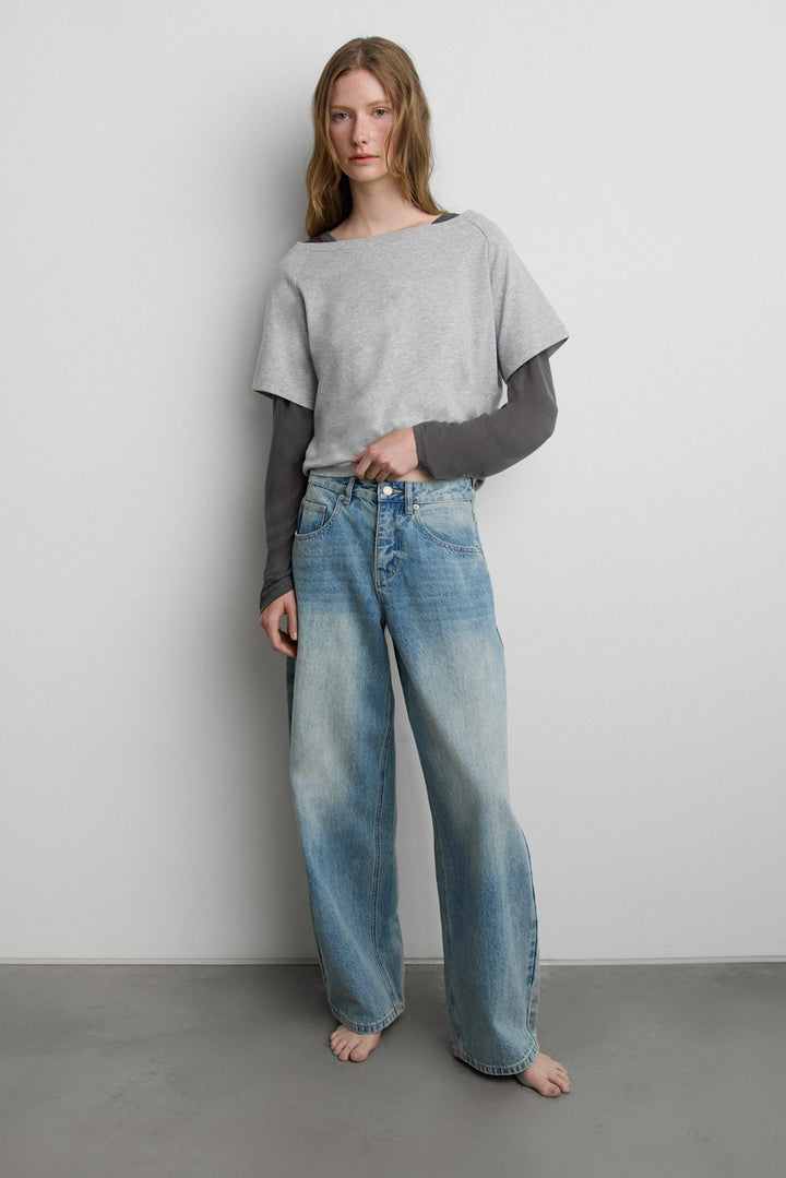 RELAXED FIT OFF THE SHOULDER T-SHIRT in Medium Heather Grey — alternate angle