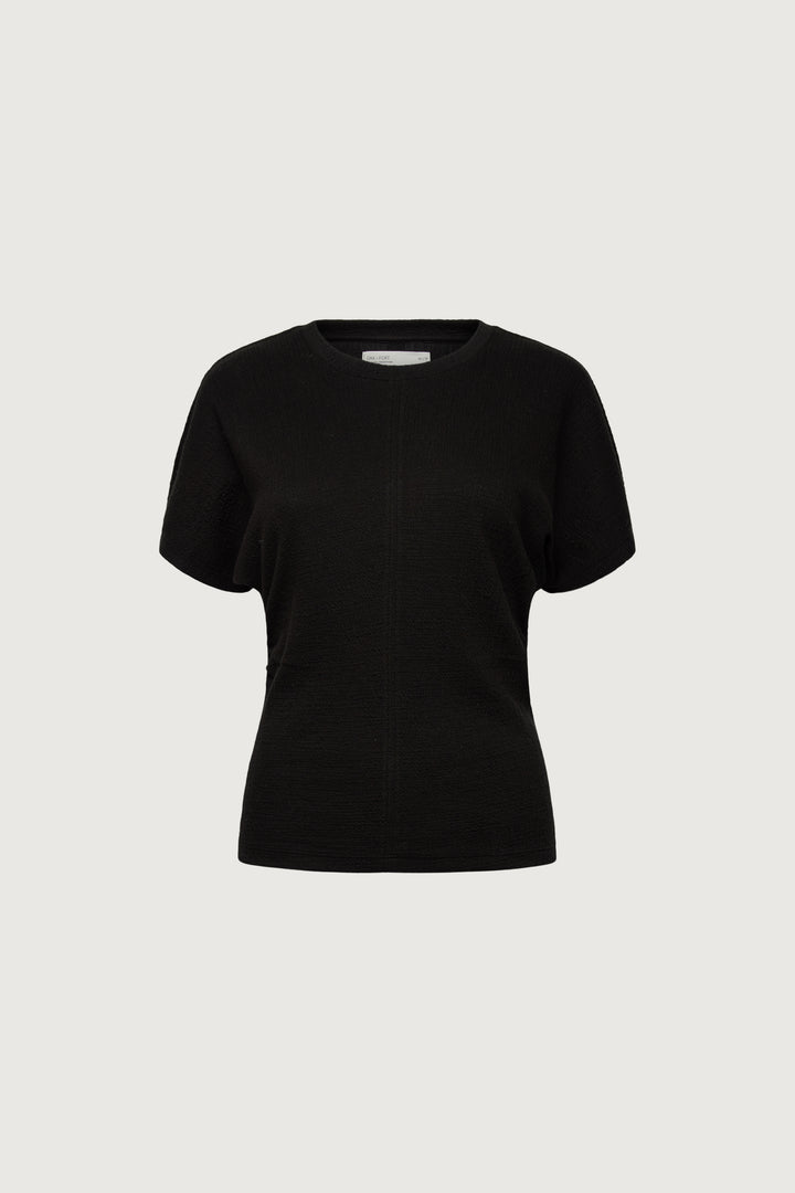 KNIT SHORT SLEEVE RUCHED WAIST TOP in Black — alternate angle