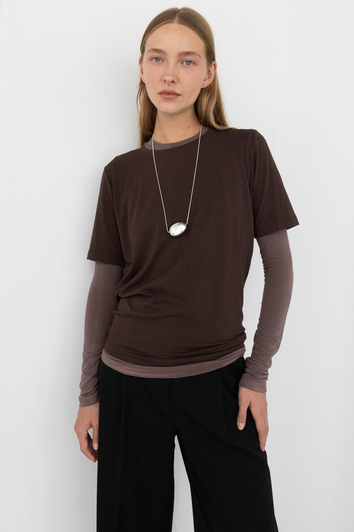 STITCHED SHOULDER LONG-SLEEVE T-SHIRT in Cocoa Brown — alternate angle