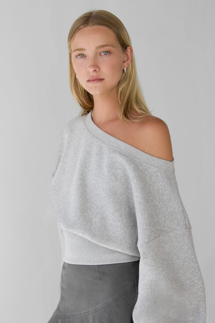 FLEECE STUDIO CINCHED WAIST OFF THE SHOULDER SWEATSHIRT in Medium Heather Grey — alternate angle