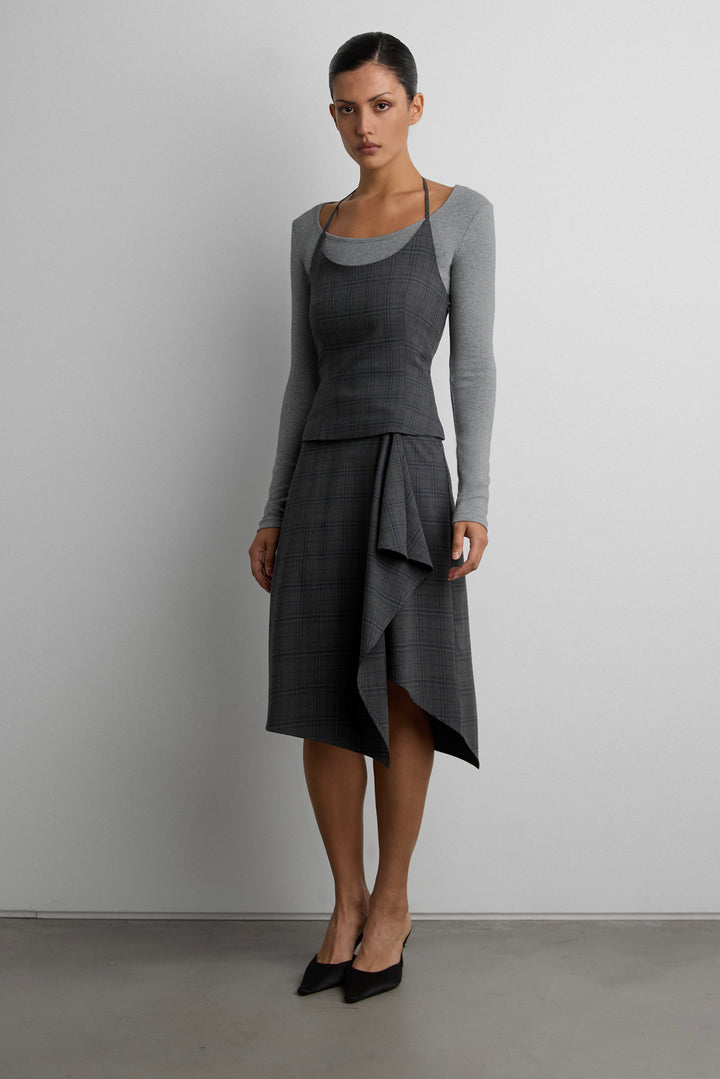 WOVEN PRINT HALTER NECK TANK WITH OPEN BACK in Grey Plaid — alternate angle