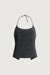 Woven print halter neck tank with open back in grey plaid — main image