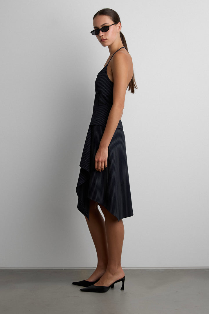 WOVEN PRINT HALTER NECK TANK WITH OPEN BACK in Navy Pinstripe — alternate angle