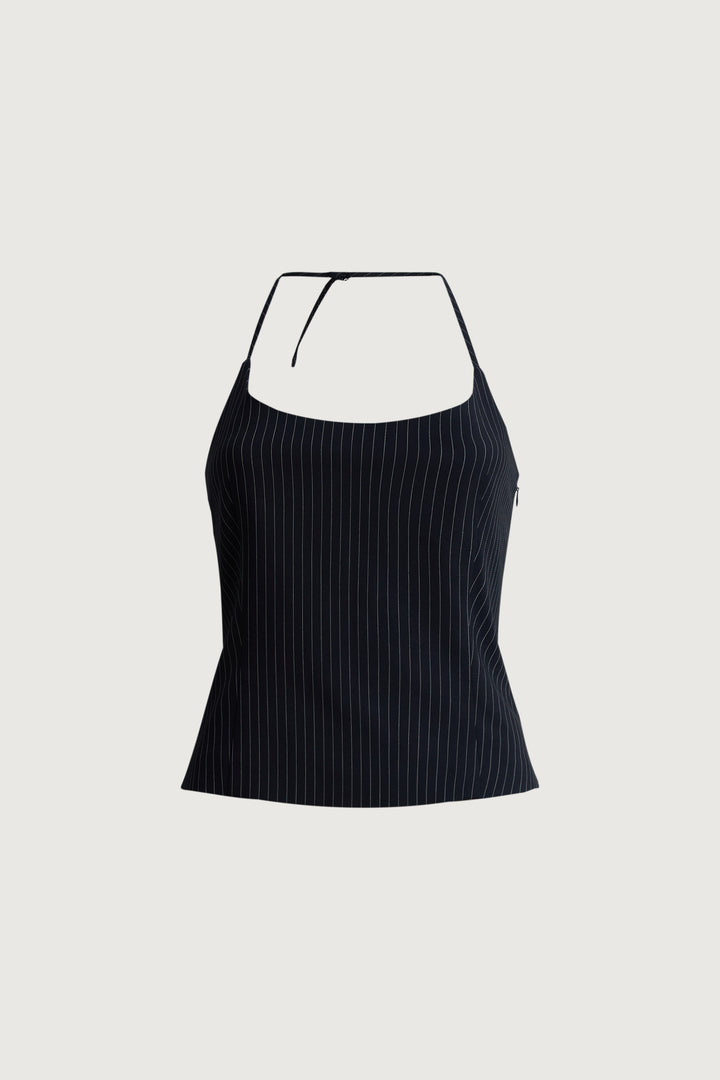 WOVEN PRINT HALTER NECK TANK WITH OPEN BACK in Navy Pinstripe — alternate angle