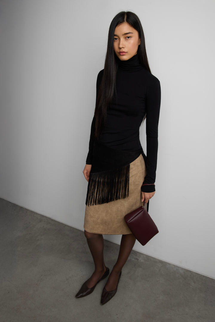 COTTON MODAL SLIM FIT TURTLENECK TOP in Black — alternate angle