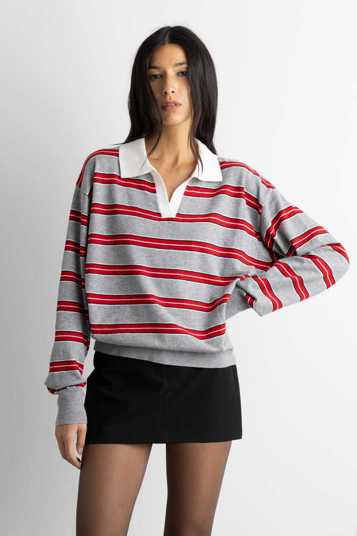 STRIPED RUGBY POLO SWEATER in GRAY MIX — alternate angle
