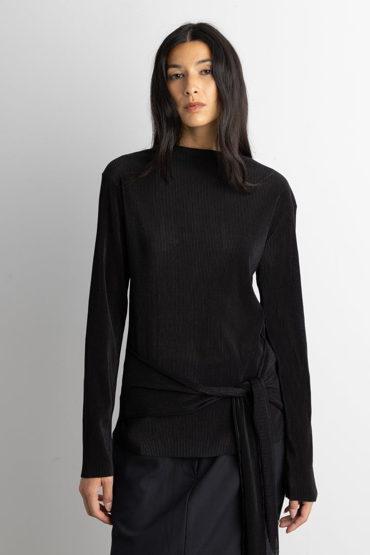 PLISSE LONG SLEEVE TOP WITH WAIST TIE in Black — alternate angle