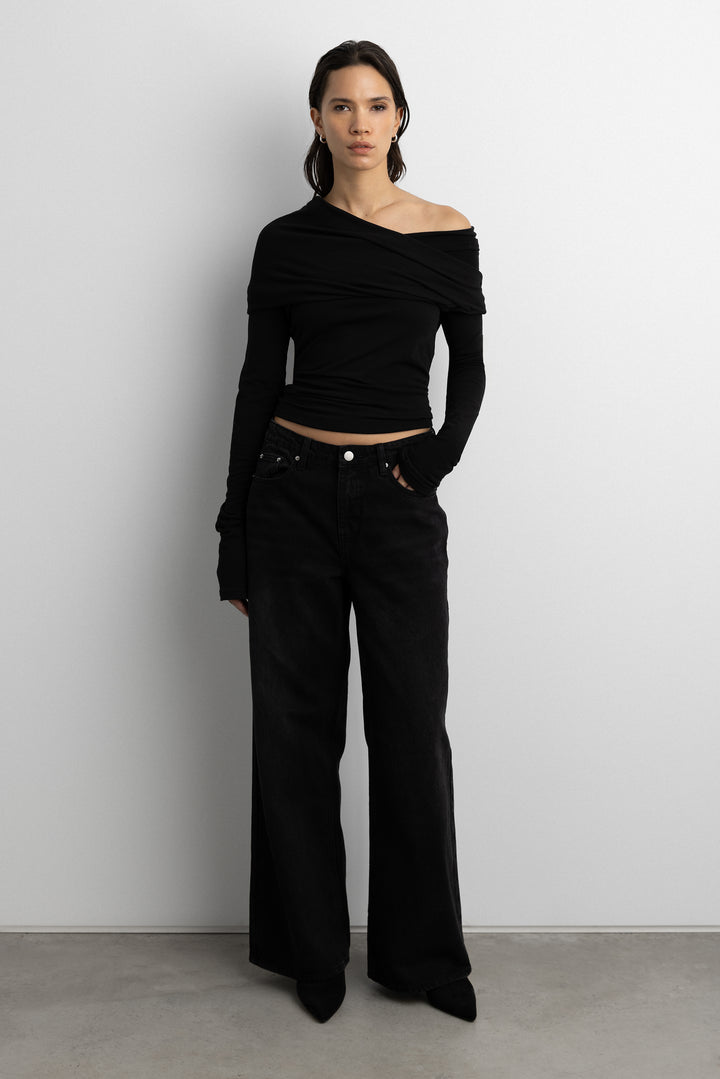 DRAPED OFF-SHOULDER HOODIE in Black — alternate angle