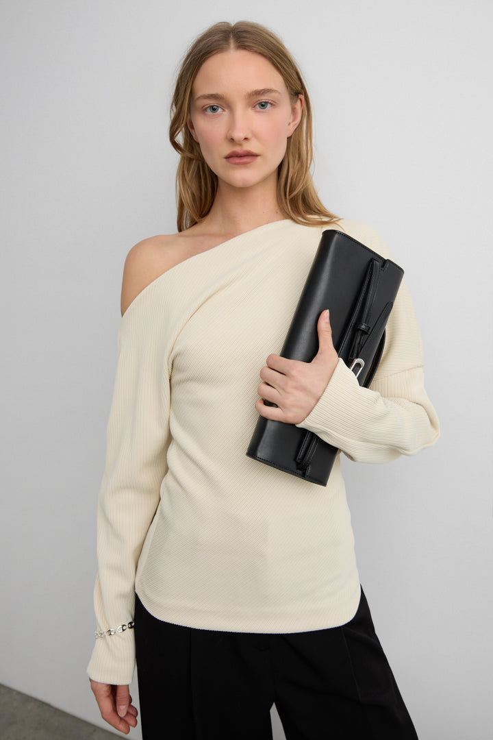 RIBBED KNIT OFF-SHOULDER DRAPED TOP in Cream — alternate angle